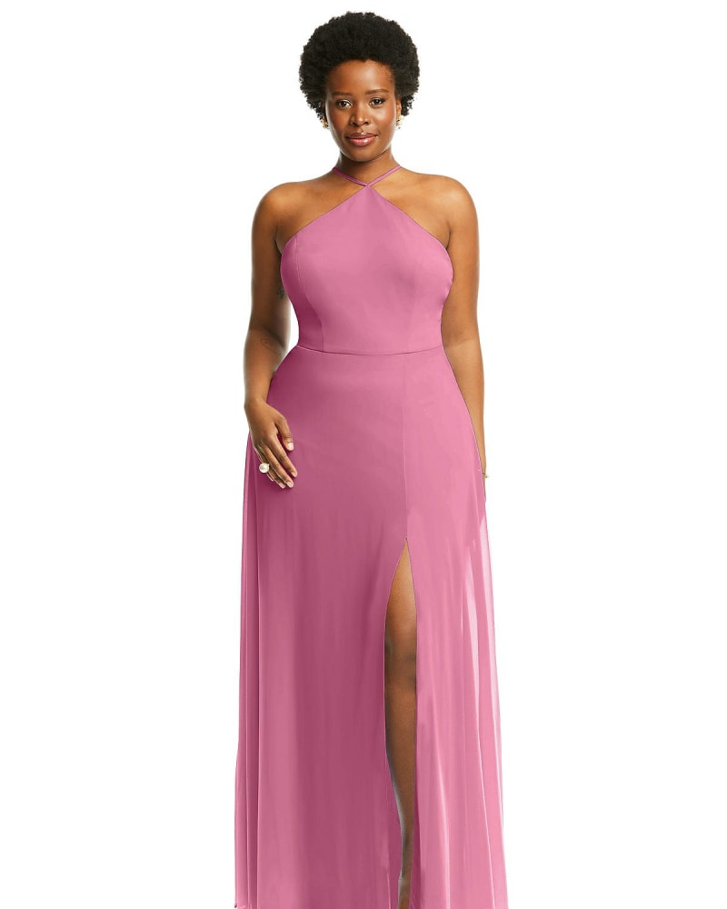 Front of a model wearing a size 18W Diamond Halter Maxi Dress with Adjustable Straps in Orchid Pink by Lovely. | dia_product_style_image_id:267175